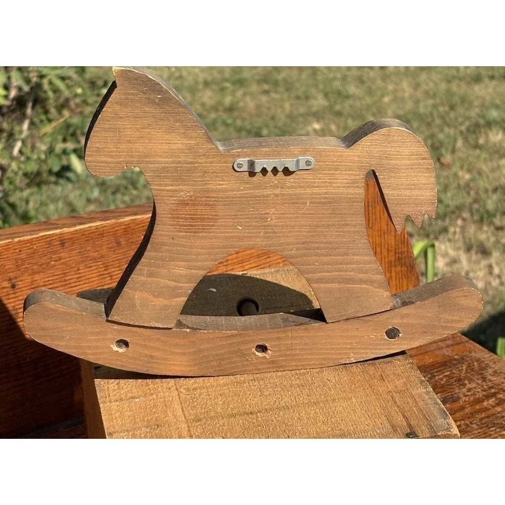 Wooden Rocking Horse Wall Hanging Blue Saddle Heart 3 Hooks Cottagecore 7